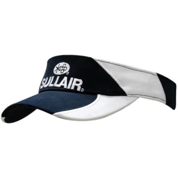 A navy and white visor with a branded logo and embroidery on the crown and peak.