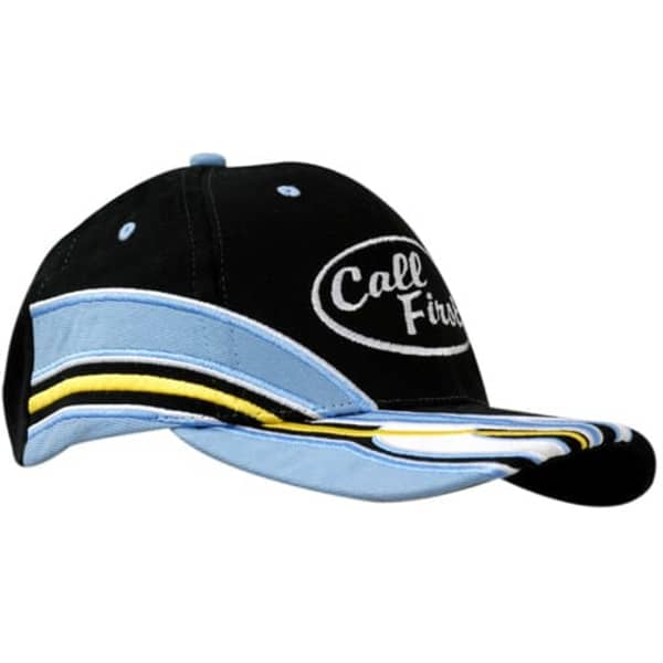 A black and light blue cap with embroidered details and a logo on the front. It features a curved peak.