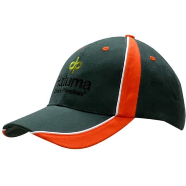 A dark green cap with orange piping and inserts, featuring a branded logo on the front.