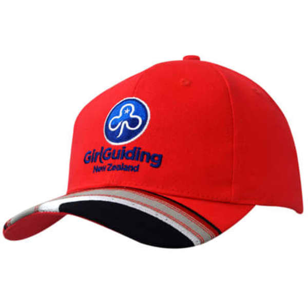 A red cap with a peak insert and embroidery, featuring a logo on the front and a striped design on the brim.