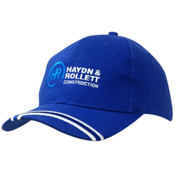 A blue cap with an embroidered logo on the front and white stripes on the peak.