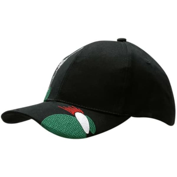 A black cap featuring a golf design on the crown and peak, with an embroidered logo.