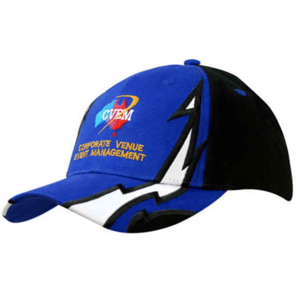 A blue and black cap featuring a lightning design on the crown and peak, with branding on the front.