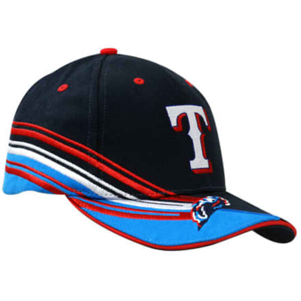 A navy and sky blue cap with a structured crown, featuring red and white stripes and a logo on the front.