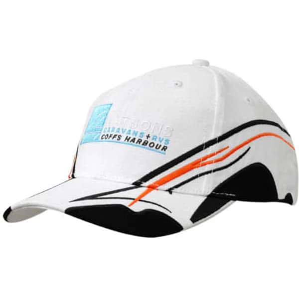 A white cap with black and orange designs, featuring embroidery on the crown and peak, and a logo.