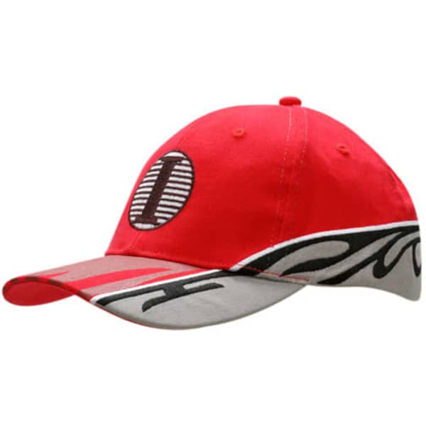 A red cap with a decorative grey peak and embroidered design, featuring a logo on the crown.