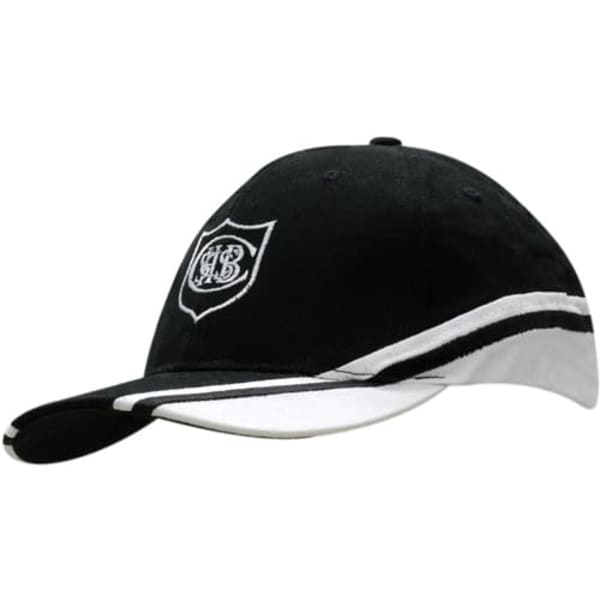 A black cap featuring a white crown and peak, with an embroidered logo and striped design.