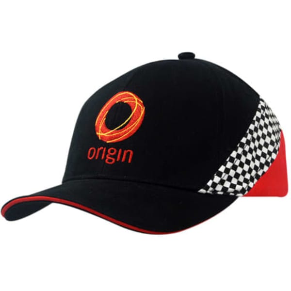 A black cap with a red peak, featuring a checked trim and an embroidered logo on the front.