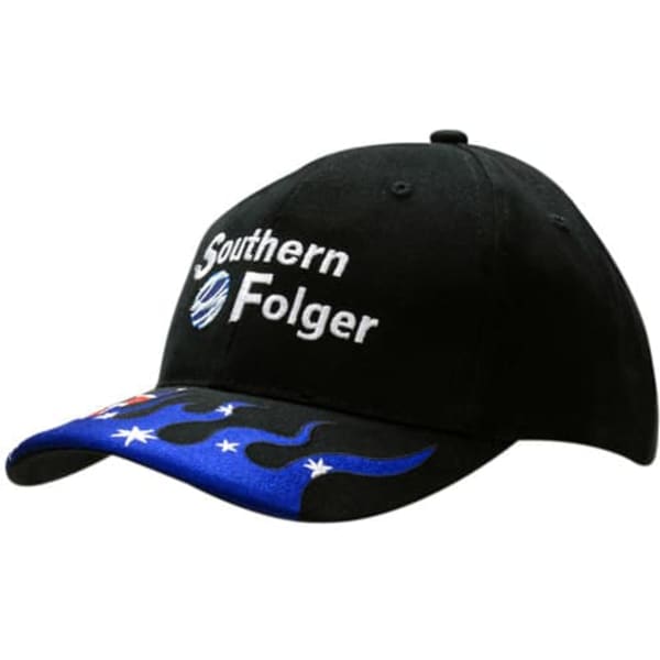 A black cap with a blue peak featuring embroidery and a logo on the front.