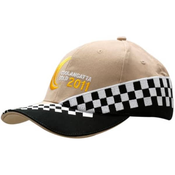 A beige cap featuring check embroidery on the peak and a logo. The peak has a black and white chequered trim.