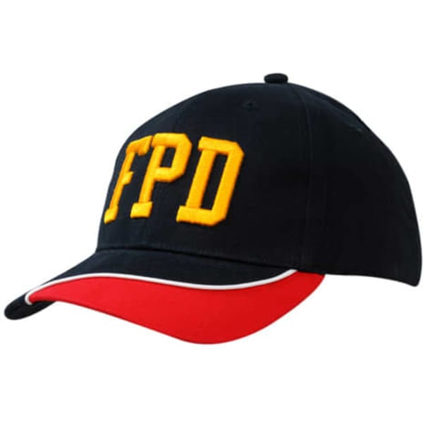 A black cap with yellow lettering, featuring a red peak and white piping along the edge. It has a logo on it.