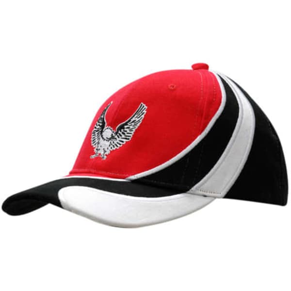 A cap featuring red, black, and white colours with an embroidered logo on the crown and peak.