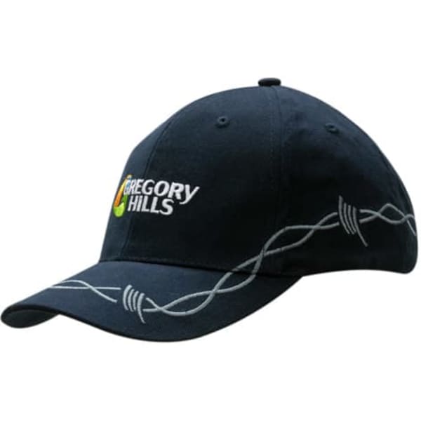A navy blue cap featuring chain embroidery on the crown and peak, with a logo on the front.