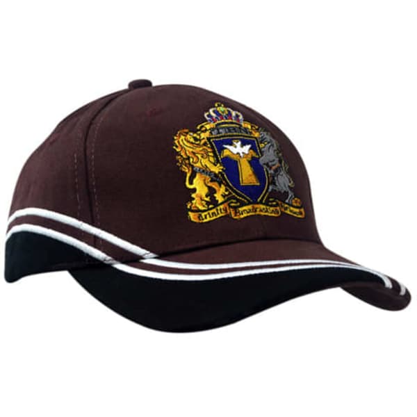 A dark brown cap featuring an embroidered crest and a peak with white stripes. It has a logo on the front.