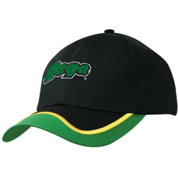 A black cap with a green peak and yellow trim, featuring a branded logo on the front.