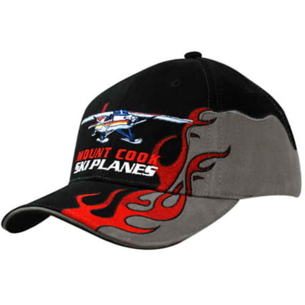 A black and grey cap featuring flame embroidery in red and a plane design, with a logo on the front.