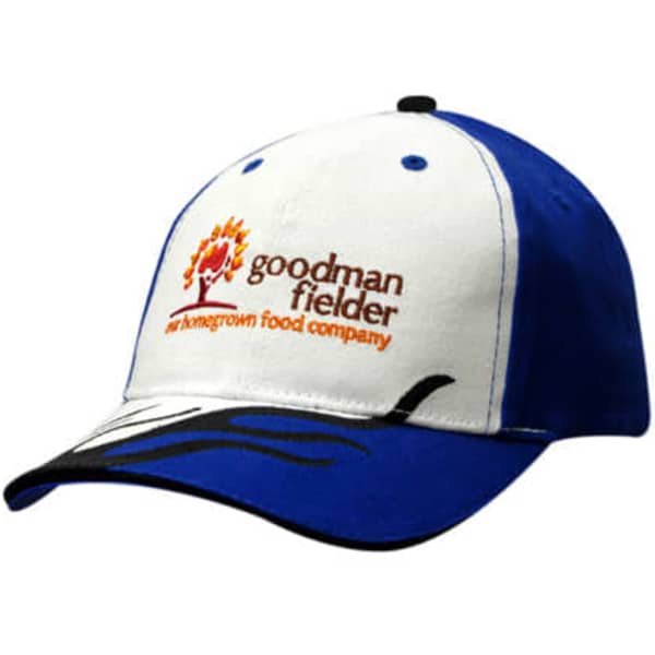 A cap in white and blue featuring flame embroidery and a logo on the front.