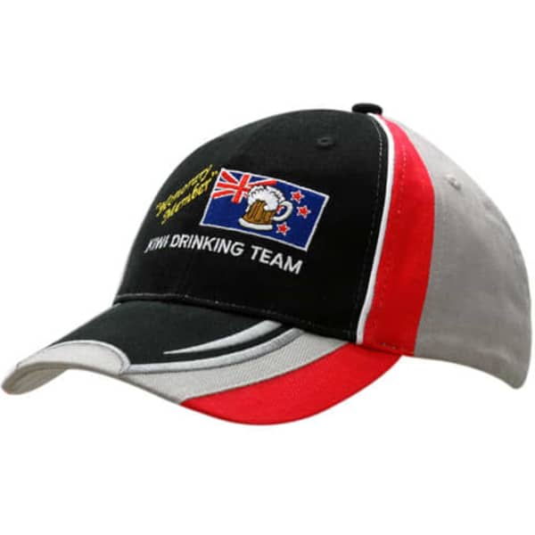 A cap featuring a black crown with red and grey inserts, white piping, and embroidered details. It has a logo.
