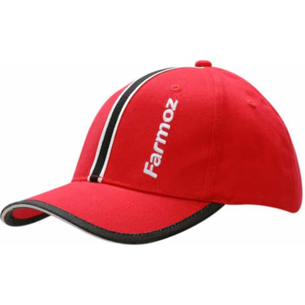A red cap with a sandwich peak trim, featuring stripe and piping details on the crown, and a logo on the front.