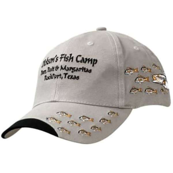 A grey baseball cap featuring fish designs along the side and a logo on the front.