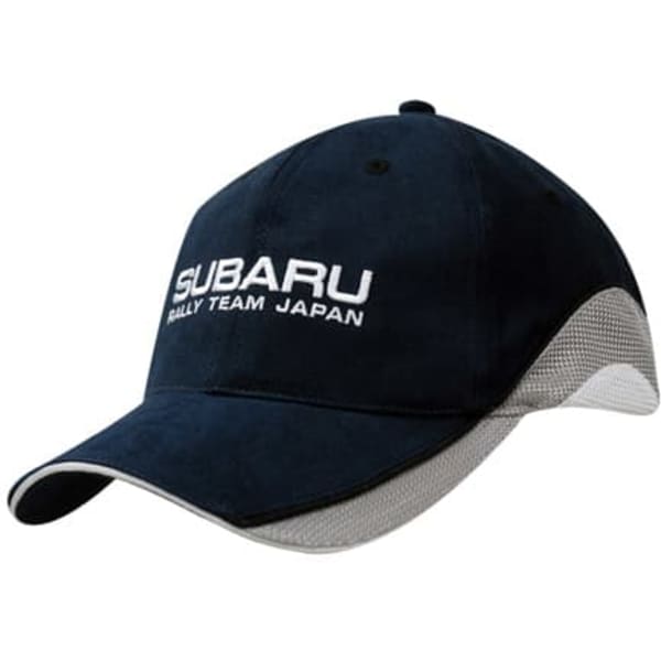 A navy blue cap with mesh inserts on the crown and peak, featuring a logo on the front.