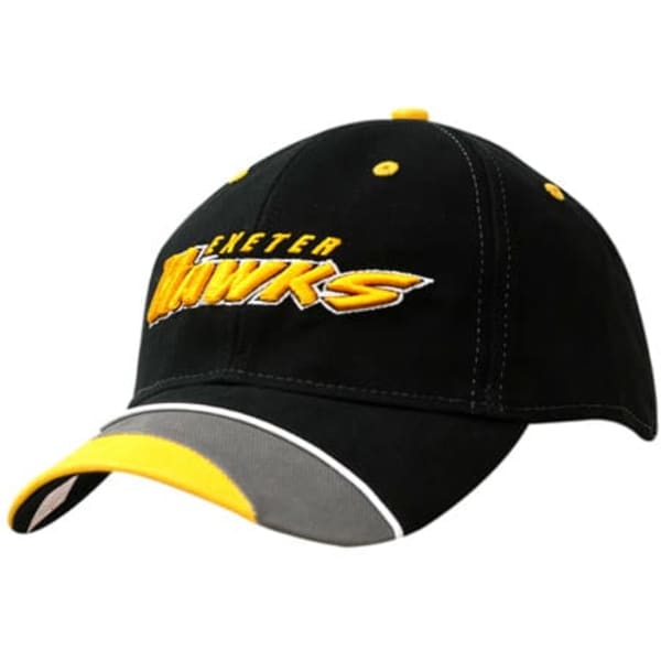 A black cap with yellow and grey accents, featuring a logo and branding on the front.