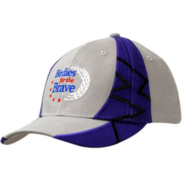A grey and purple cap featuring a logo on the front with decorative stitching on the sides.