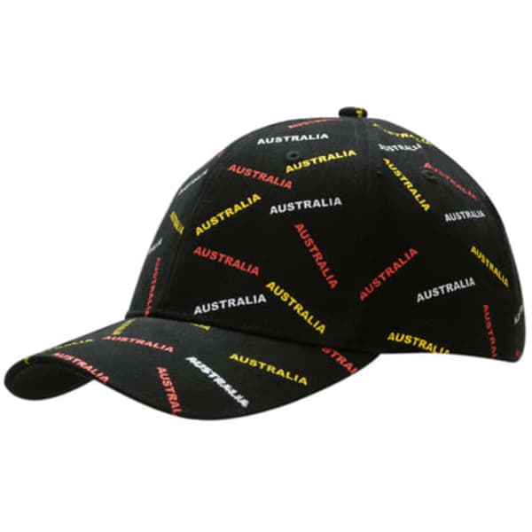 A black cap featuring an all-over print with the word 