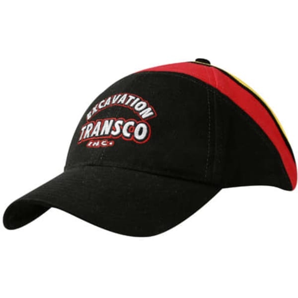 A black cap with red and yellow accents, featuring a logo on the front.