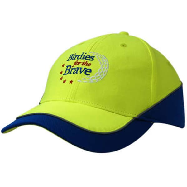 A bright yellow cap with a blue peak and a logo on the front. The design includes decorative stitching.