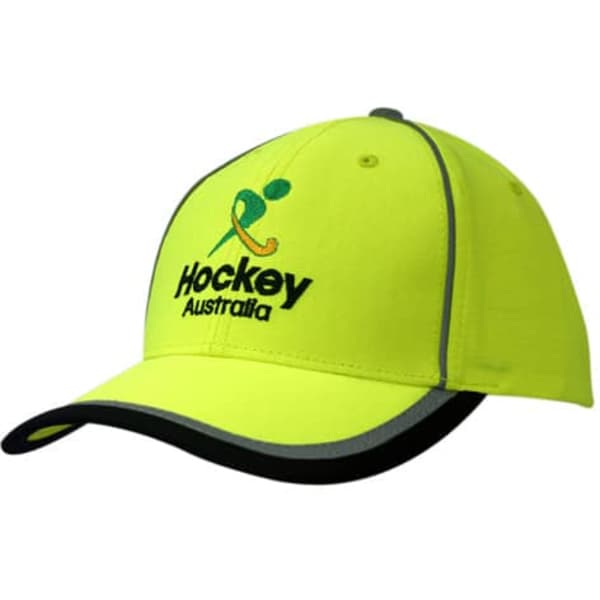 A bright yellow cap with reflective piping, featuring a logo on the front.