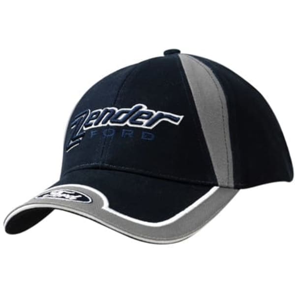 A navy and grey cap with a fabric insert on the crown and peak, featuring embroidery and a logo.