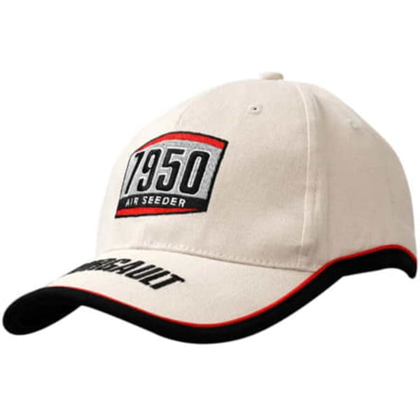 A beige cap with a black peak, featuring a logo and red piping along the edge.