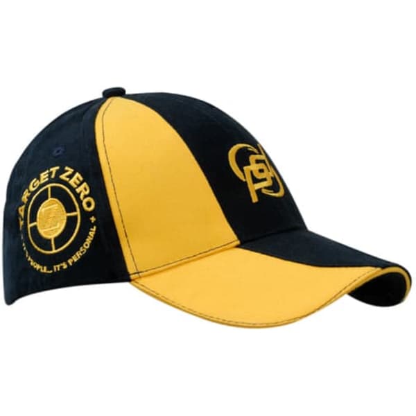 A navy and yellow cap with a curved peak and fabric insert on the crown, featuring a logo on the side.