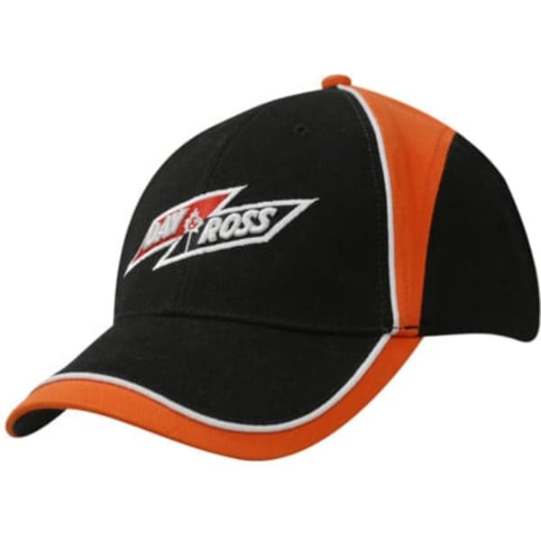 A black baseball cap with orange crown/peak inserts and piping, featuring a logo on the front.