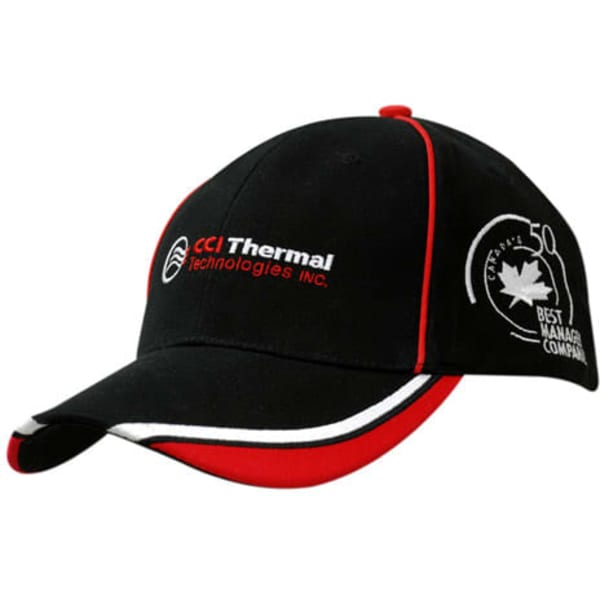 A black cap with red piping, featuring a logo and embroidery on the side.