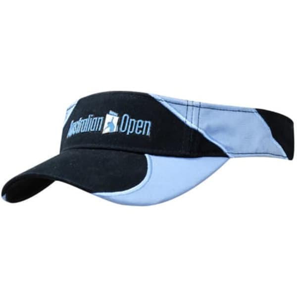 A black and light blue visor with fabric inserts and an embroidered logo on the front.