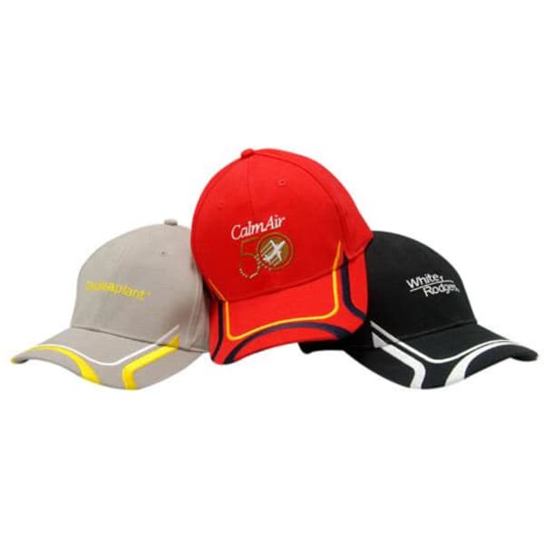A collection of three caps in grey, red, and black, featuring embroidered designs and branding.