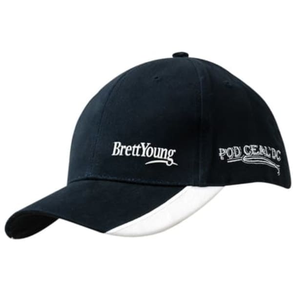 A navy cap with white accents, featuring embroidery and a logo on the front and side.