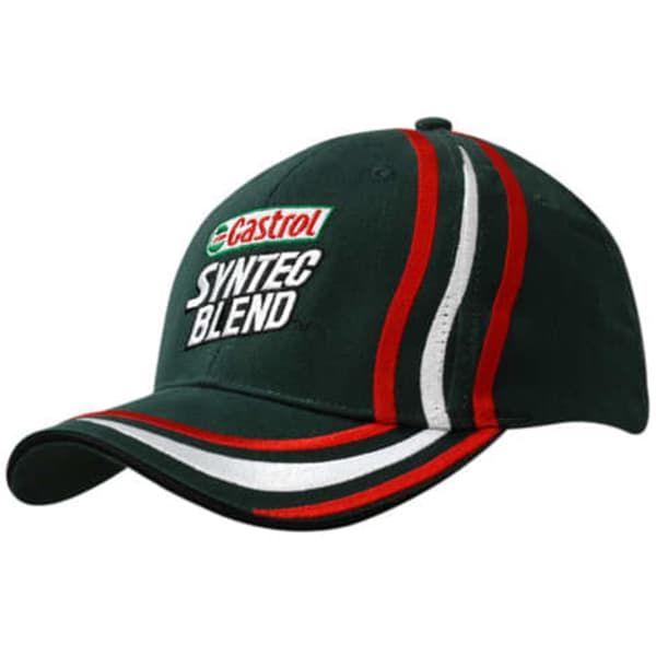 A green cap with embroidered lines in red and white, featuring a logo on the front and a curved peak.