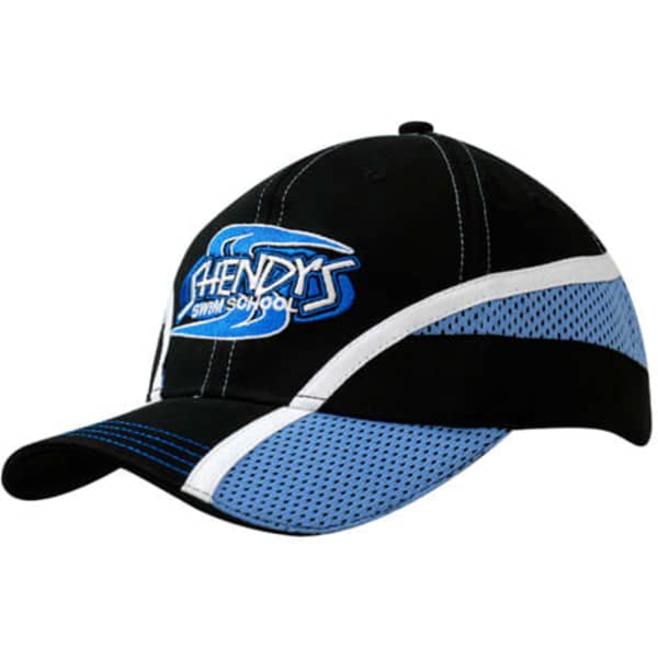 A black cap with blue mesh inserts and white fabric stripes on the crown and peak, featuring a logo.