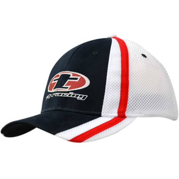 A navy and white cap with a mesh back and red stripes, featuring a logo on the front.