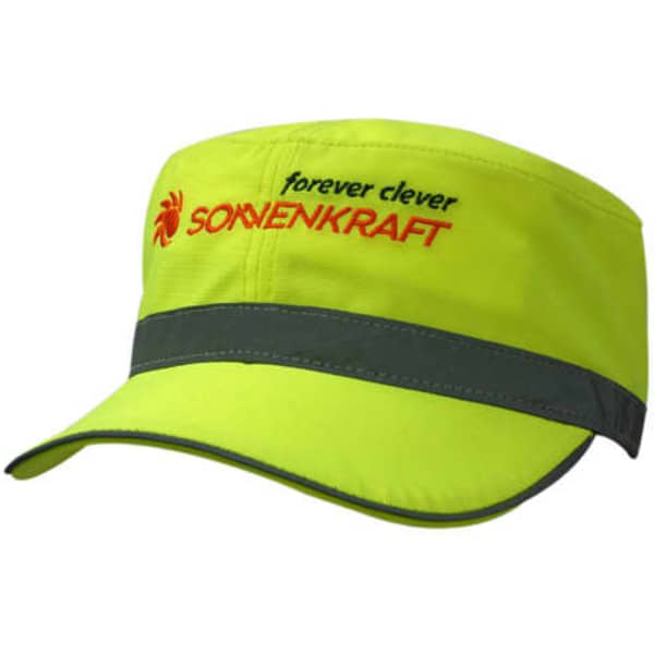 A luminescent yellow cap with a reflective band and crown trim, featuring a logo on the front.