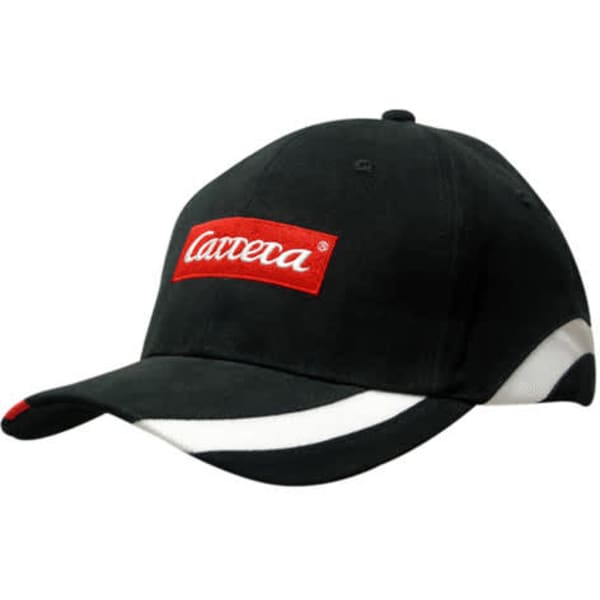 A black cap featuring a red embroidered logo and white accents on the peak and side.