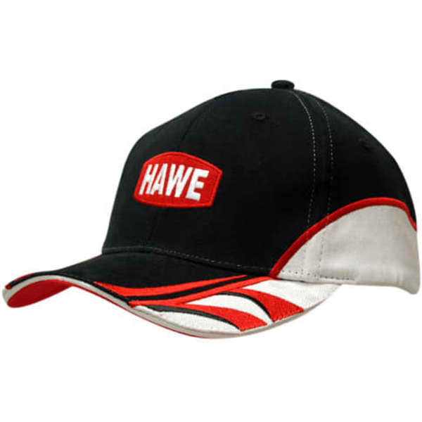 A black cap with red and white trim, featuring an embroidered logo on the front and a structured peak.