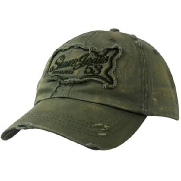 A distressed green cap with a logo, featuring a worn look on the crown and peak.