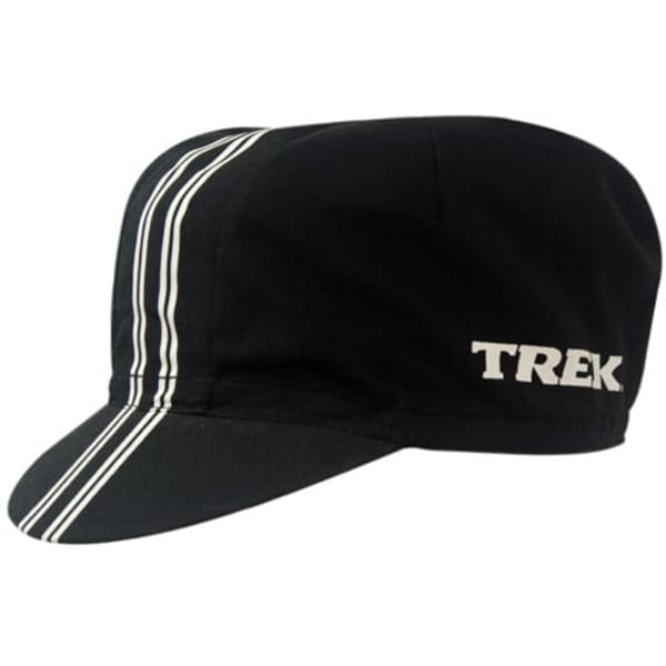 A black microfibre cycling cap with white stripes and a logo. Features a soft brim for comfort.