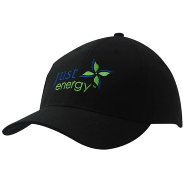 A black cap with a logo featuring green and blue text and a floral design.