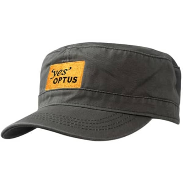 A washed chino twill military cap in olive green with a rectangular patch and logo on the front.