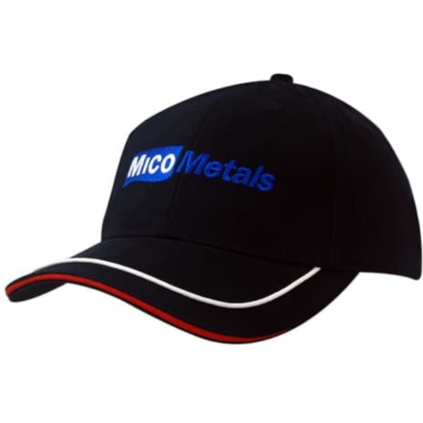 A black cap featuring a logo, with sandwich trim and piping in red and white on the peak.